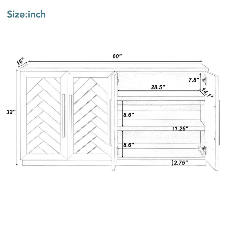 Bahut 4 portes grand espace de rangement Meuble de rangement avec étagères réglables et poignées argentées pour cuisine