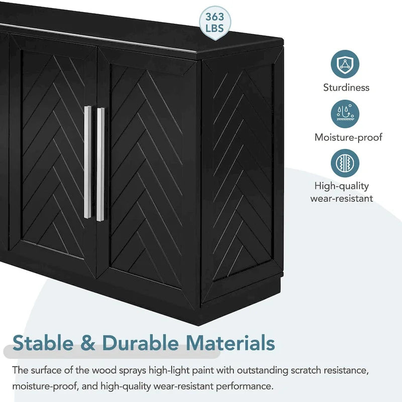 Bahut 4 portes grand espace de rangement Meuble de rangement avec étagères réglables et poignées argentées pour cuisine