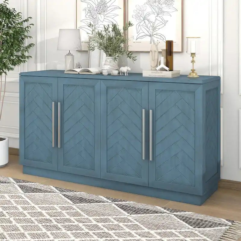 Bahut 4 portes grand espace de rangement Meuble de rangement avec étagères réglables et poignées argentées pour cuisine