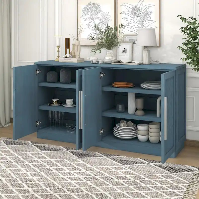 Bahut 4 portes grand espace de rangement Meuble de rangement avec étagères réglables et poignées argentées pour cuisine