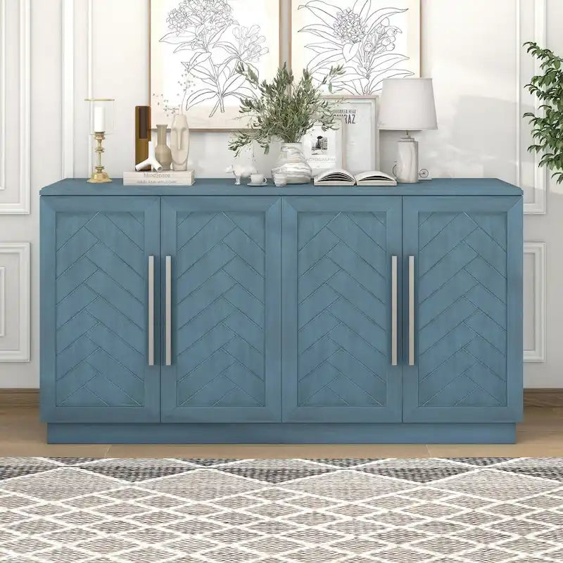 Bahut 4 portes grand espace de rangement Meuble de rangement avec étagères réglables et poignées argentées pour cuisine