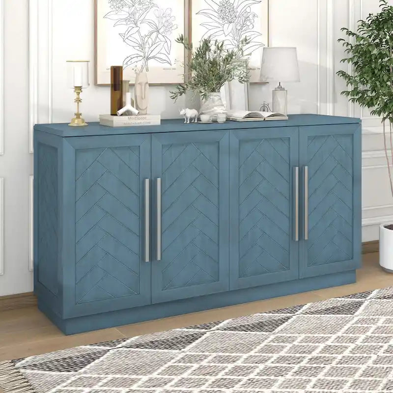 Bahut 4 portes grand espace de rangement Meuble de rangement avec étagères réglables et poignées argentées pour cuisine