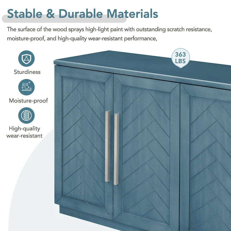 Bahut 4 portes grand espace de rangement Meuble de rangement avec étagères réglables et poignées argentées pour cuisine