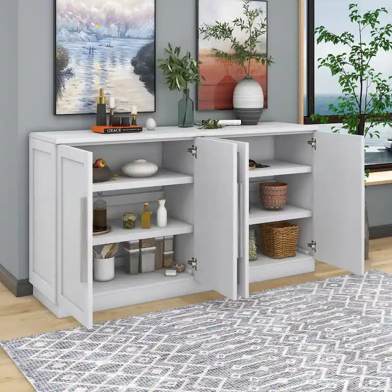 Bahut 4 portes grand espace de rangement Meuble de rangement avec étagères réglables et poignées argentées pour cuisine