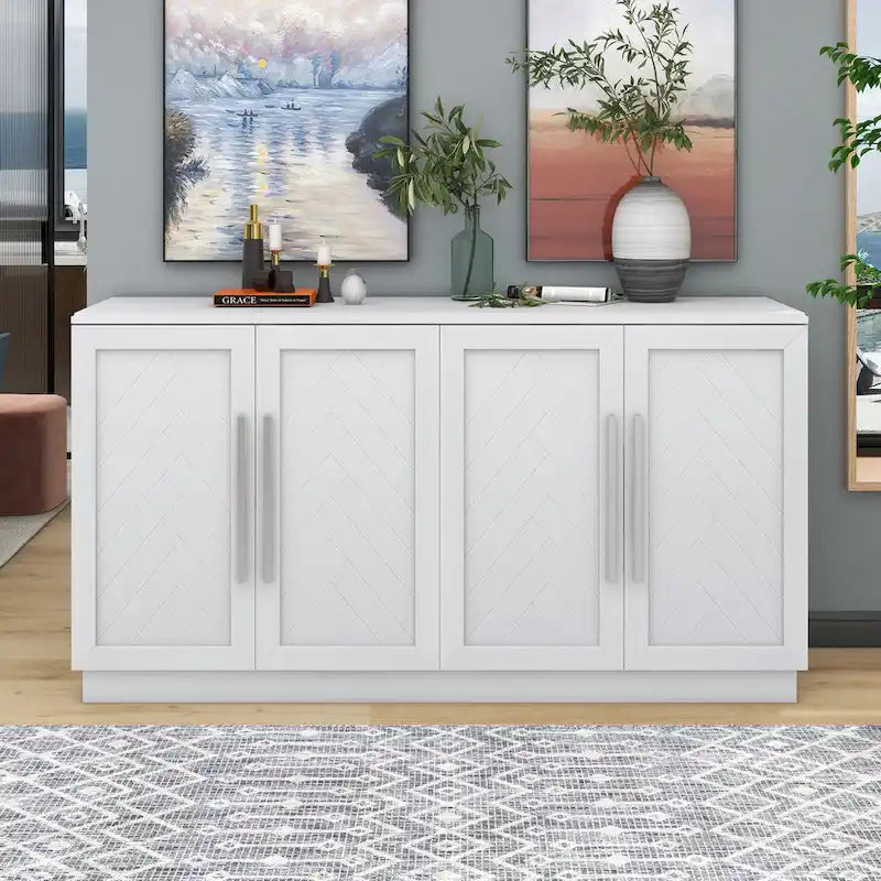 Bahut 4 portes grand espace de rangement Meuble de rangement avec étagères réglables et poignées argentées pour cuisine