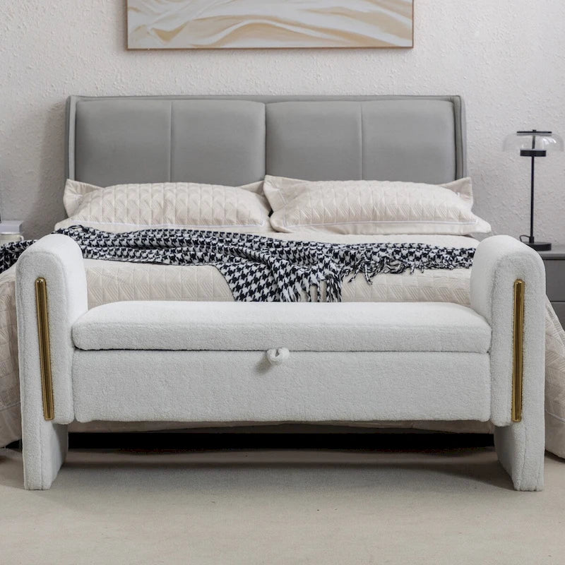 Banc de rangement en tissu Teddy, banc de chambre à coucher avec bande décorative en métal doré pour salon, chambre à coucher, intérieur