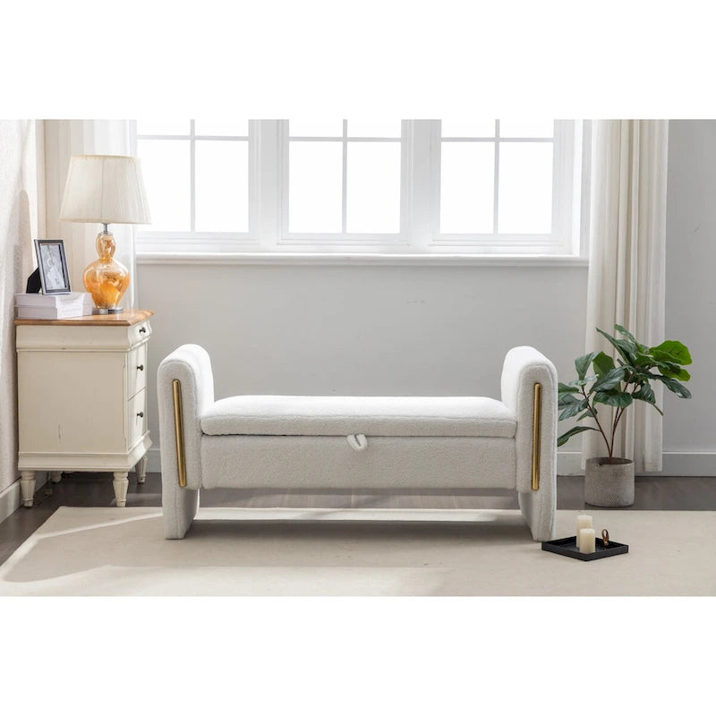 Banc de rangement en tissu Teddy, banc de chambre à coucher avec bande décorative en métal doré pour salon, chambre à coucher, intérieur
