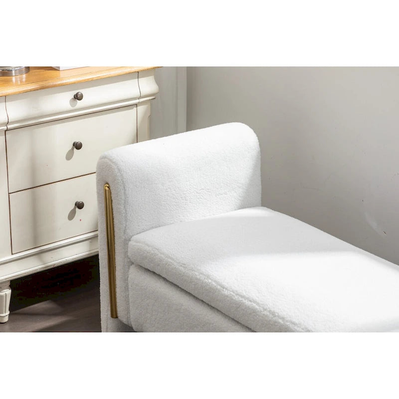 Banc de rangement en tissu Teddy, banc de chambre à coucher avec bande décorative en métal doré pour salon, chambre à coucher, intérieur