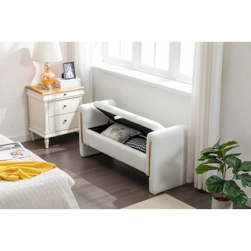 Banc de rangement en tissu Teddy, banc de chambre à coucher avec bande décorative en métal doré pour salon, chambre à coucher, intérieur