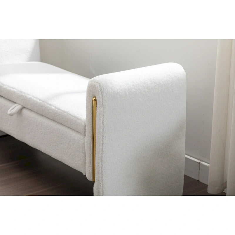 Banc de rangement en tissu Teddy, banc de chambre à coucher avec bande décorative en métal doré pour salon, chambre à coucher, intérieur