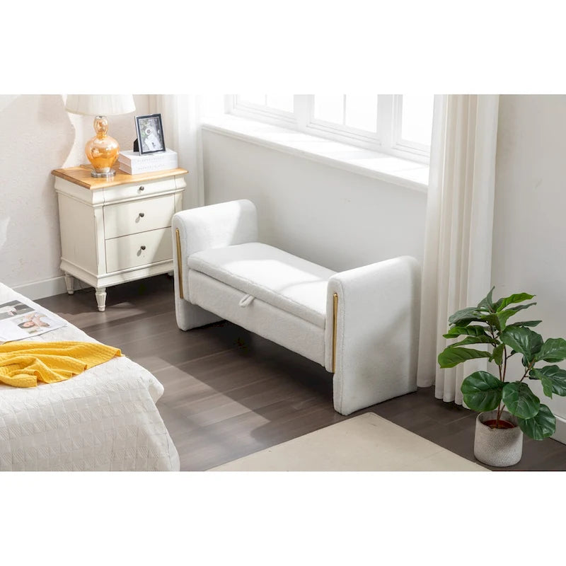 Banc de rangement en tissu Teddy, banc de chambre à coucher avec bande décorative en métal doré pour salon, chambre à coucher, intérieur