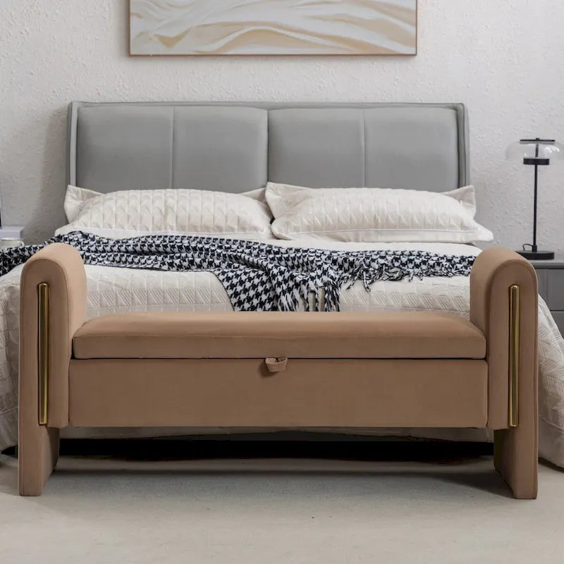 Banc de rangement en tissu Teddy, banc de chambre à coucher avec bande décorative en métal doré pour salon, chambre à coucher, intérieur