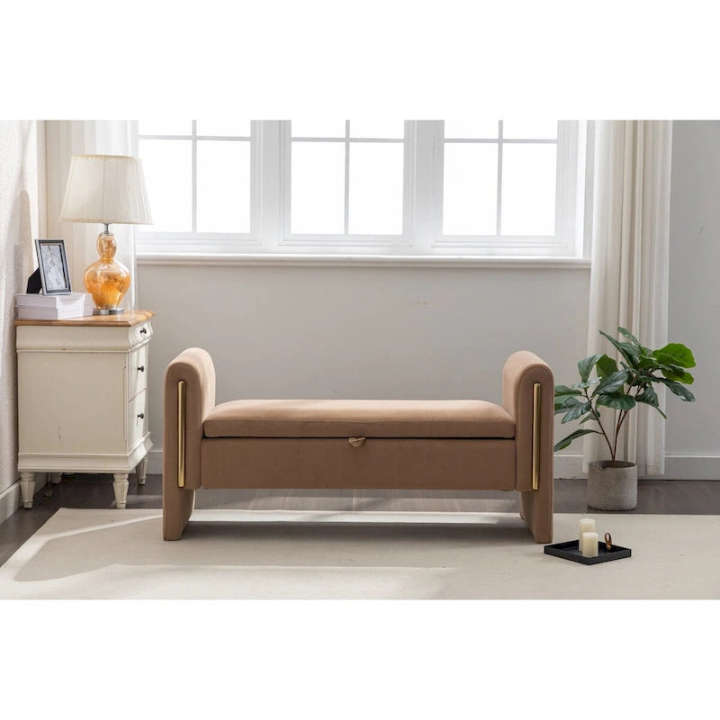 Banc de rangement en tissu Teddy, banc de chambre à coucher avec bande décorative en métal doré pour salon, chambre à coucher, intérieur