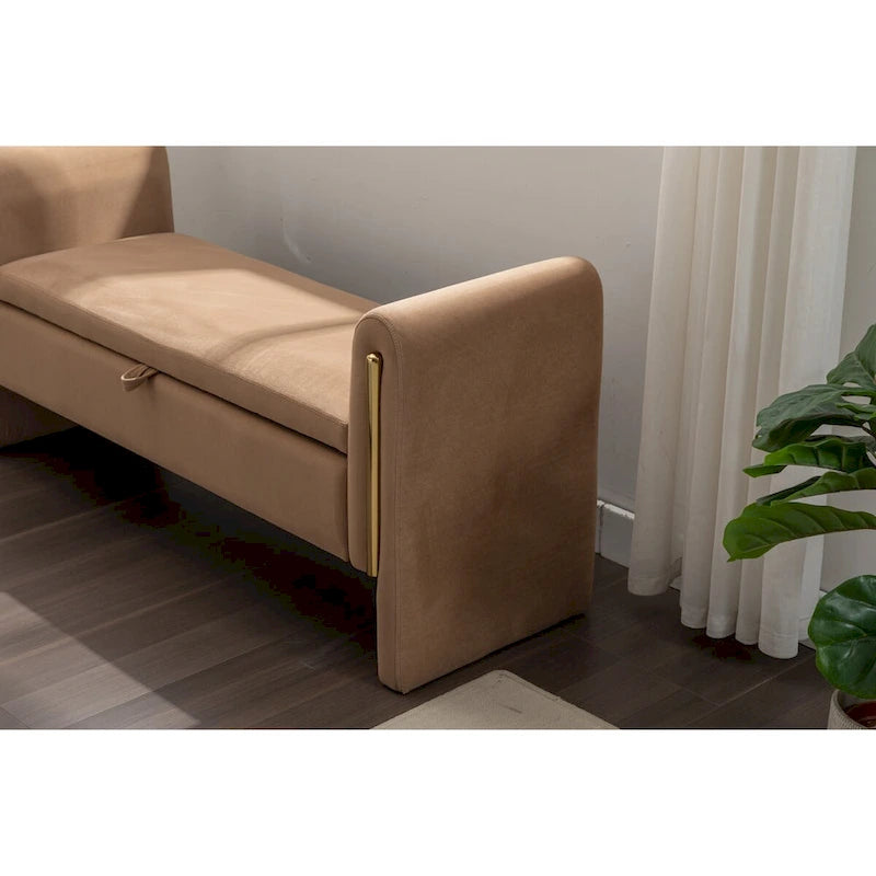 Banc de rangement en tissu Teddy, banc de chambre à coucher avec bande décorative en métal doré pour salon, chambre à coucher, intérieur