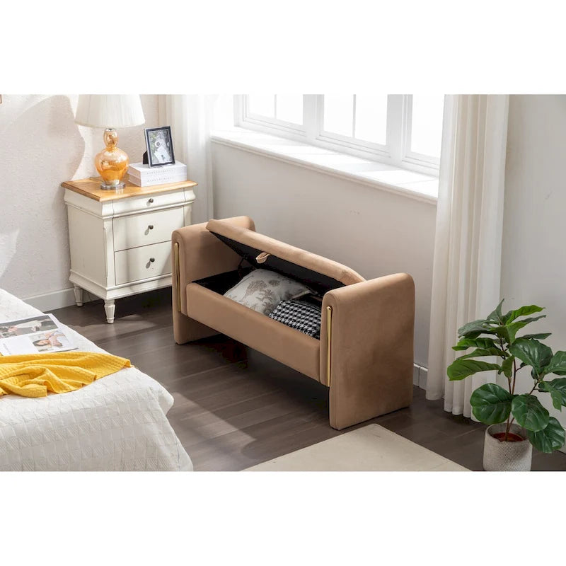 Banc de rangement en tissu Teddy, banc de chambre à coucher avec bande décorative en métal doré pour salon, chambre à coucher, intérieur