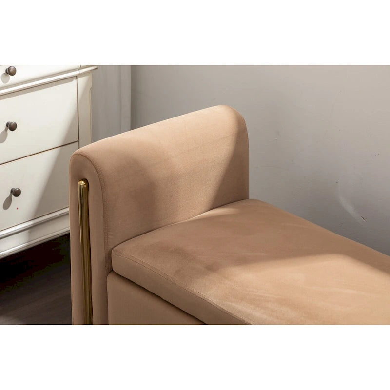 Banc de rangement en tissu Teddy, banc de chambre à coucher avec bande décorative en métal doré pour salon, chambre à coucher, intérieur