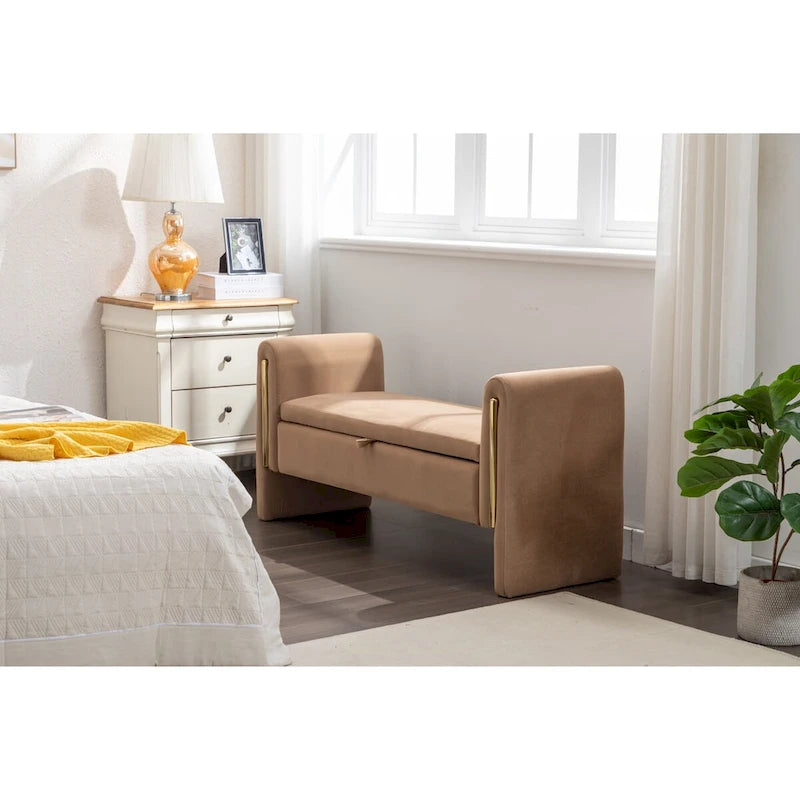 Banc de rangement en tissu Teddy, banc de chambre à coucher avec bande décorative en métal doré pour salon, chambre à coucher, intérieur