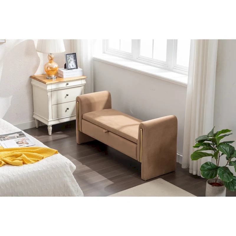 Banc de rangement en tissu Teddy, banc de chambre à coucher avec bande décorative en métal doré pour salon, chambre à coucher, intérieur