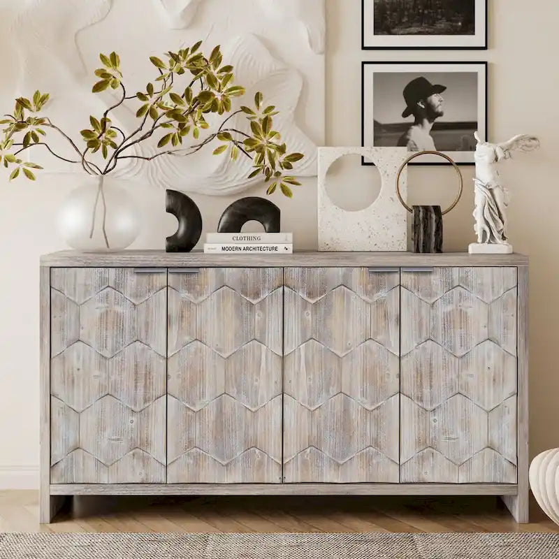 Accent Cabinet Farmhouse Style 4 Door Wooden Cabinet Sideboard Buffet Server Cabinet Storage Cabinet, for Living Room
