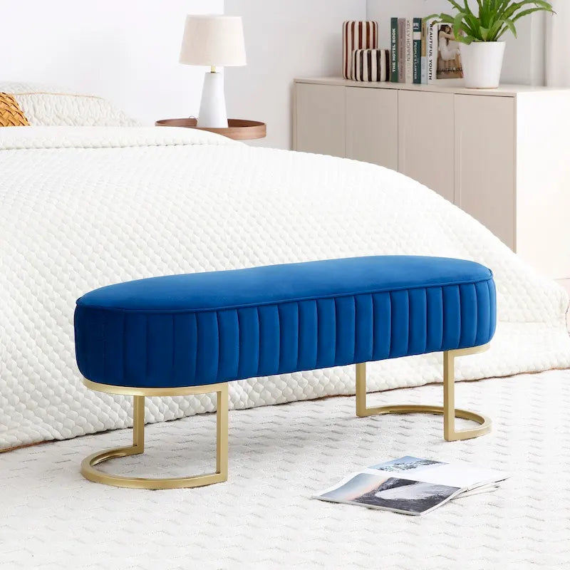 Banc de chambre, banc de bout de lit ovale en velours capitonné avec pieds en métal doré, banc ottoman de rangement 48
