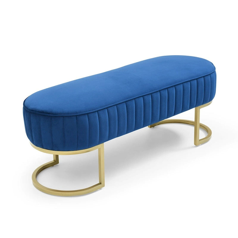 Banc de chambre, banc de bout de lit ovale en velours capitonné avec pieds en métal doré, banc ottoman de rangement 48