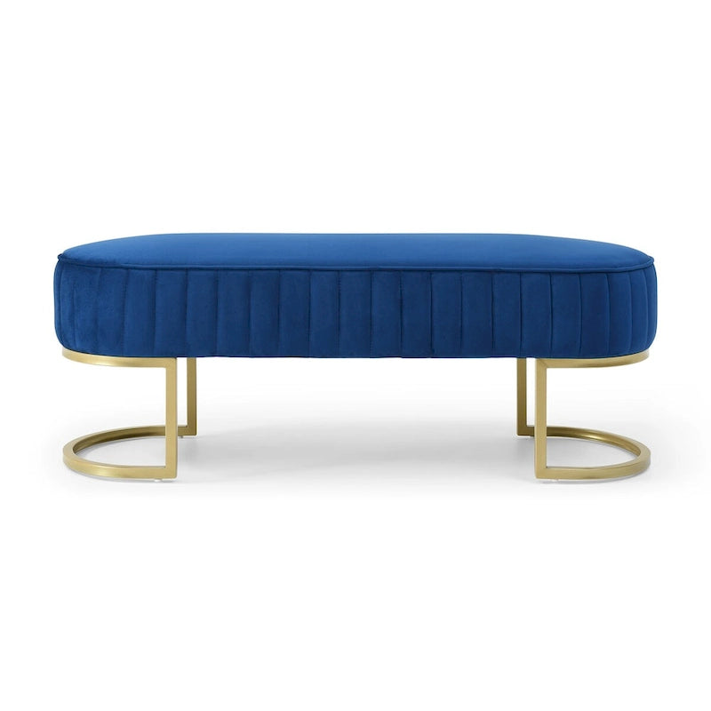 Banc de chambre, banc de bout de lit ovale en velours capitonné avec pieds en métal doré, banc ottoman de rangement 48