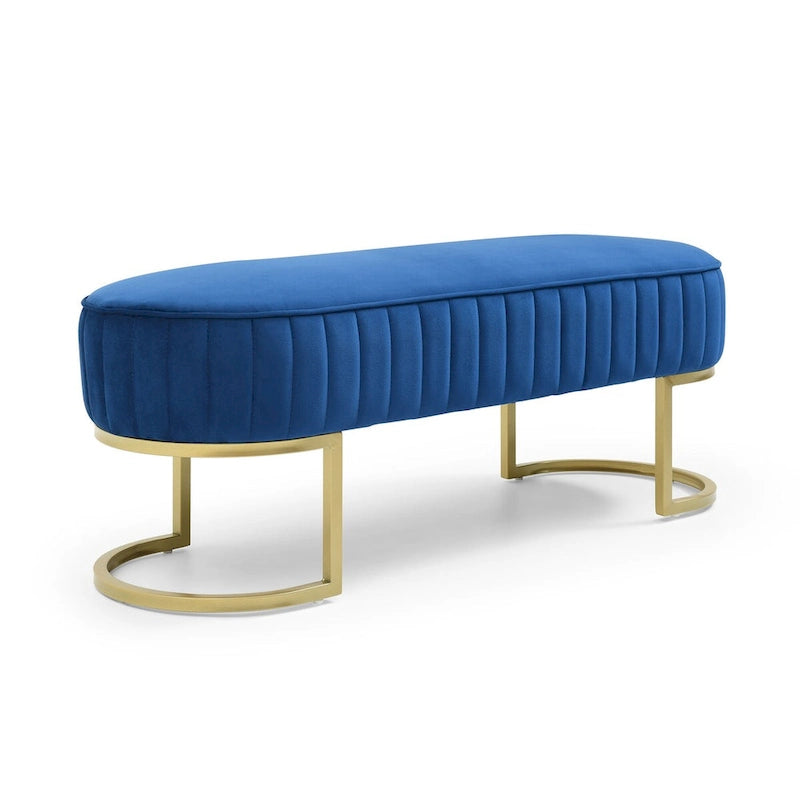 Banc de chambre, banc de bout de lit ovale en velours capitonné avec pieds en métal doré, banc ottoman de rangement 48