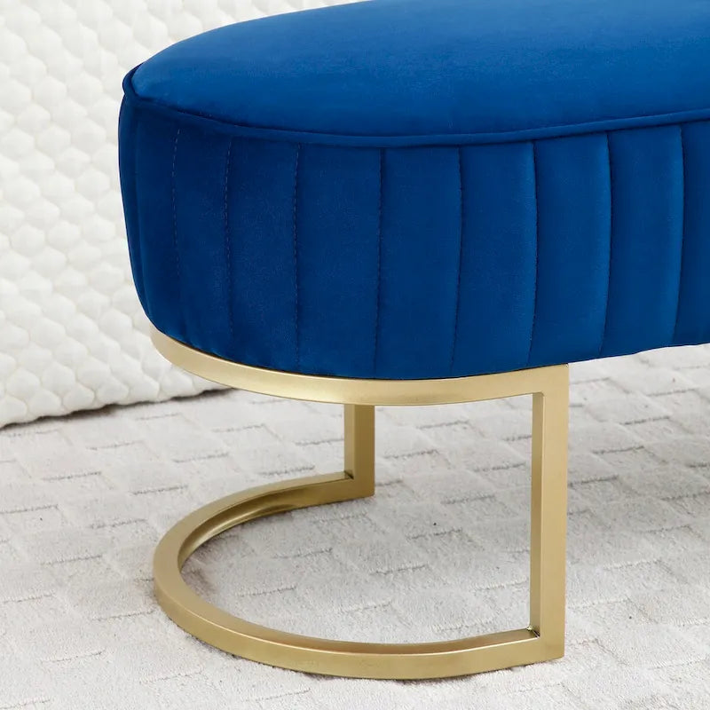 Banc de chambre, banc de bout de lit ovale en velours capitonné avec pieds en métal doré, banc ottoman de rangement 48