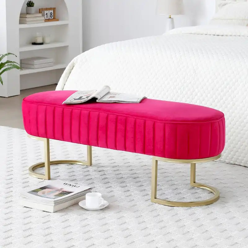 Banc de chambre, banc de bout de lit ovale en velours capitonné avec pieds en métal doré, banc ottoman de rangement 48