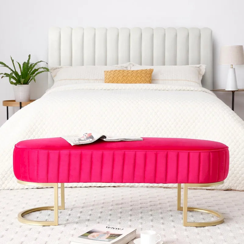 Banc de chambre, banc de bout de lit ovale en velours capitonné avec pieds en métal doré, banc ottoman de rangement 48