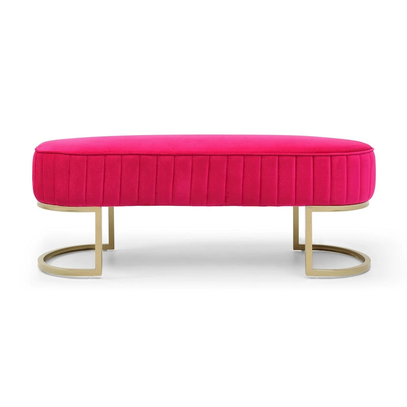 Banc de chambre, banc de bout de lit ovale en velours capitonné avec pieds en métal doré, banc ottoman de rangement 48