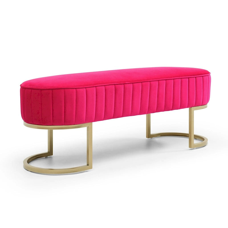 Banc de chambre, banc de bout de lit ovale en velours capitonné avec pieds en métal doré, banc ottoman de rangement 48