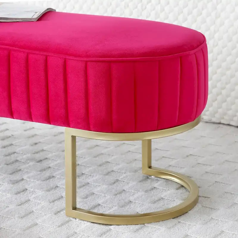 Banc de chambre, banc de bout de lit ovale en velours capitonné avec pieds en métal doré, banc ottoman de rangement 48