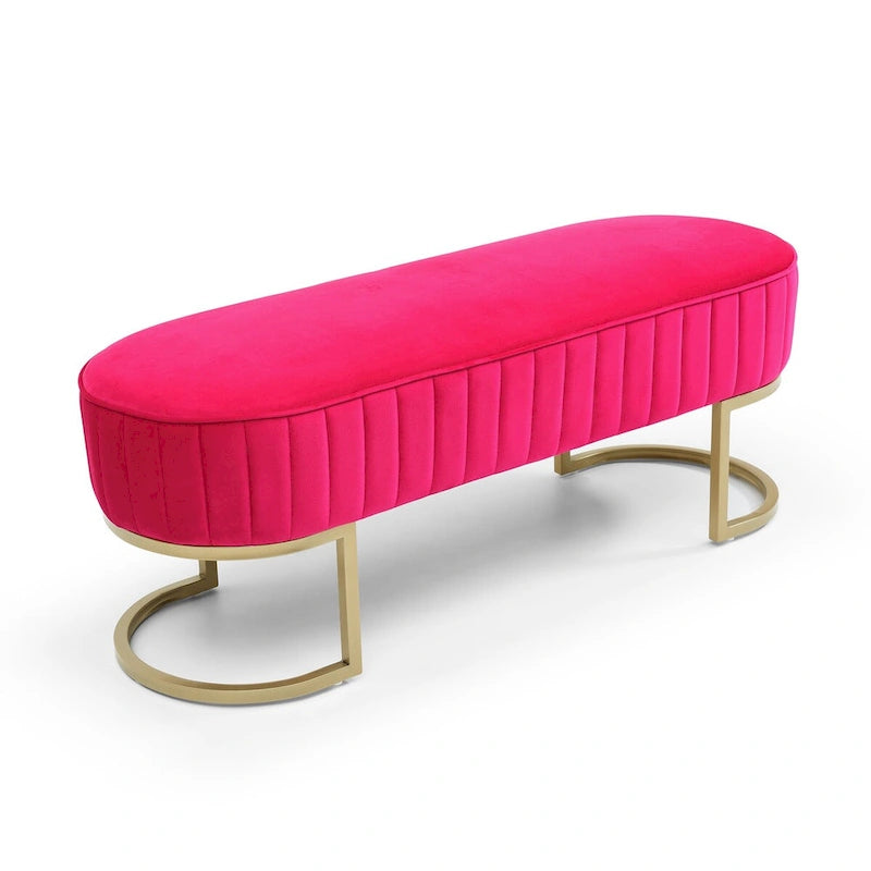 Banc de chambre, banc de bout de lit ovale en velours capitonné avec pieds en métal doré, banc ottoman de rangement 48
