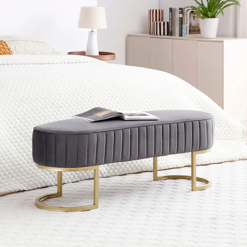 Banc de chambre, banc de bout de lit ovale en velours capitonné avec pieds en métal doré, banc ottoman de rangement 48
