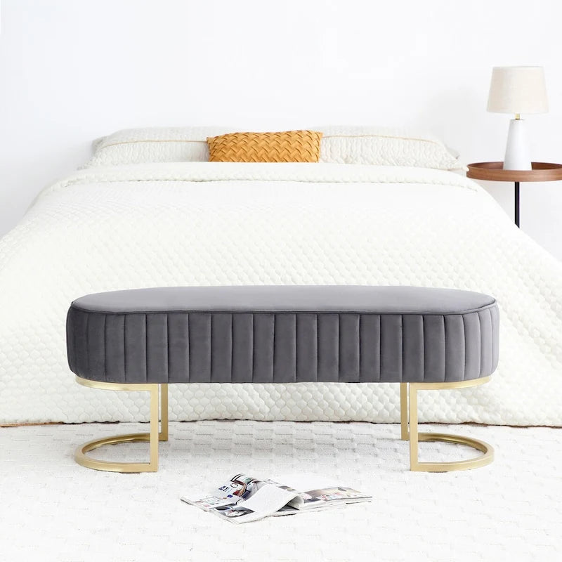 Banc de chambre, banc de bout de lit ovale en velours capitonné avec pieds en métal doré, banc ottoman de rangement 48