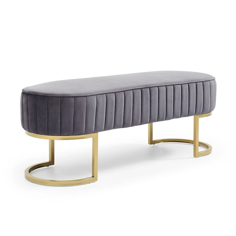 Banc de chambre, banc de bout de lit ovale en velours capitonné avec pieds en métal doré, banc ottoman de rangement 48