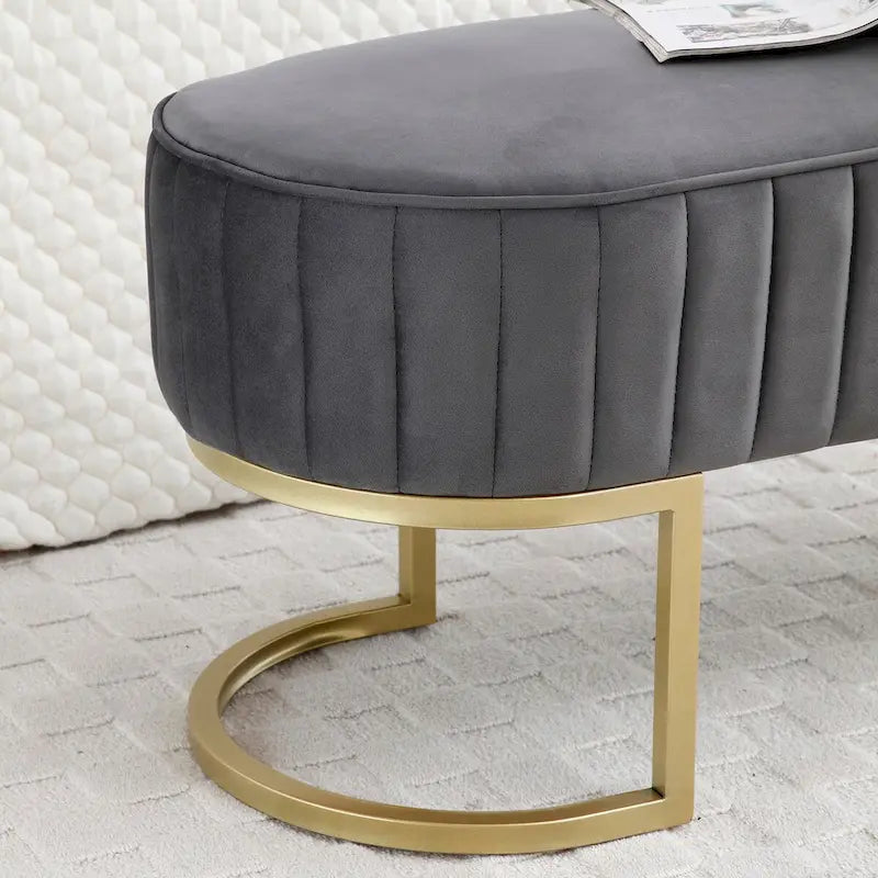Banc de chambre, banc de bout de lit ovale en velours capitonné avec pieds en métal doré, banc ottoman de rangement 48