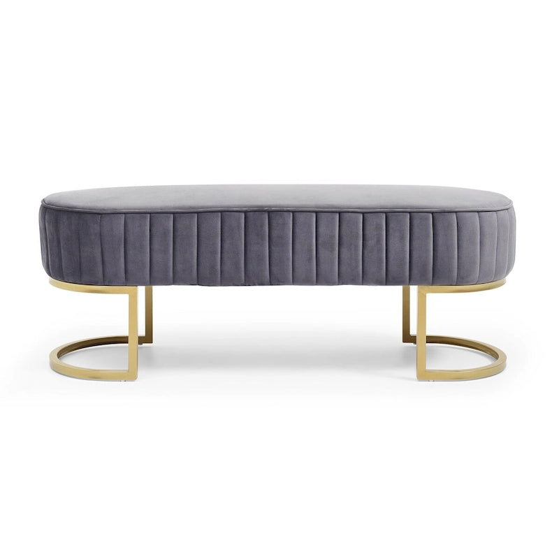 Banc de chambre, banc de bout de lit ovale en velours capitonné avec pieds en métal doré, banc ottoman de rangement 48