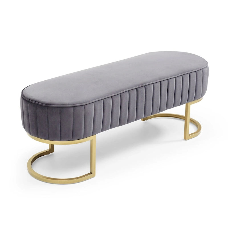 Banc de chambre, banc de bout de lit ovale en velours capitonné avec pieds en métal doré, banc ottoman de rangement 48