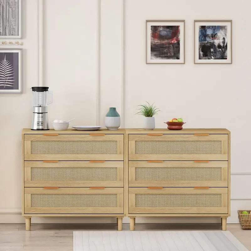 Commode de rangement en rotin à 3 tiroirs (lot de 2), pour chambre, salon, salle à manger, couloirs, chêne