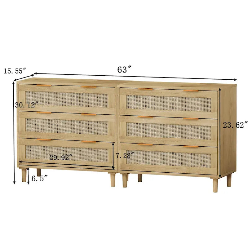 Commode de rangement en rotin à 3 tiroirs (lot de 2), pour chambre, salon, salle à manger, couloirs, chêne