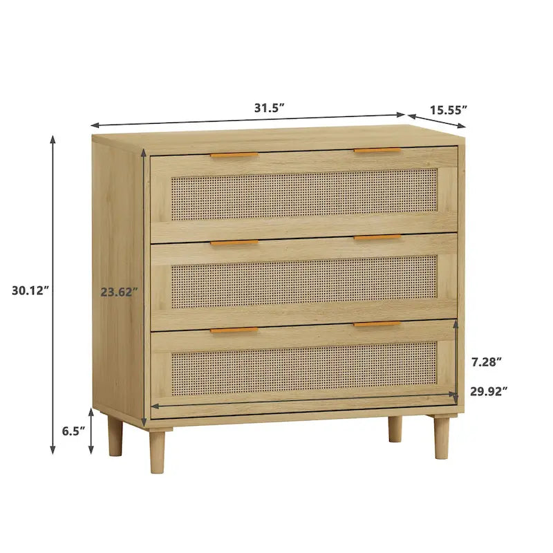 Commode de rangement en rotin à 3 tiroirs (lot de 2), pour chambre, salon, salle à manger, couloirs, chêne