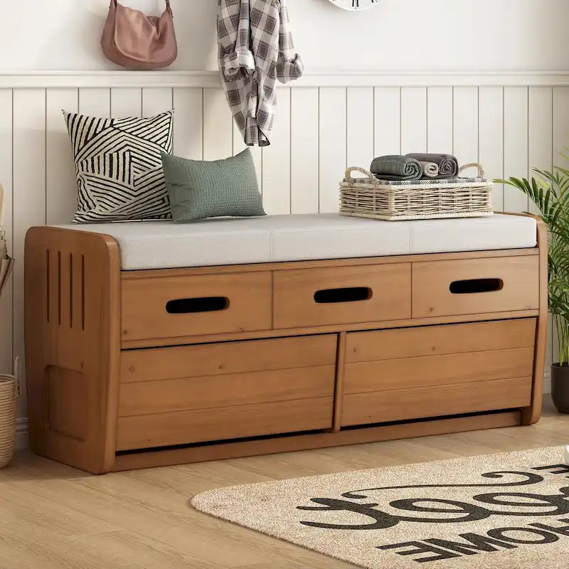 Rustic Storage Shoe Bench with 2 Drawers, Hidden Storage, and 3 False Top Drawers