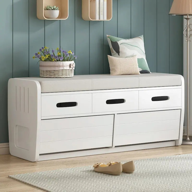 Banc à chaussures de rangement rustique avec 2 tiroirs, rangement dissimulé et 3 faux tiroirs supérieurs