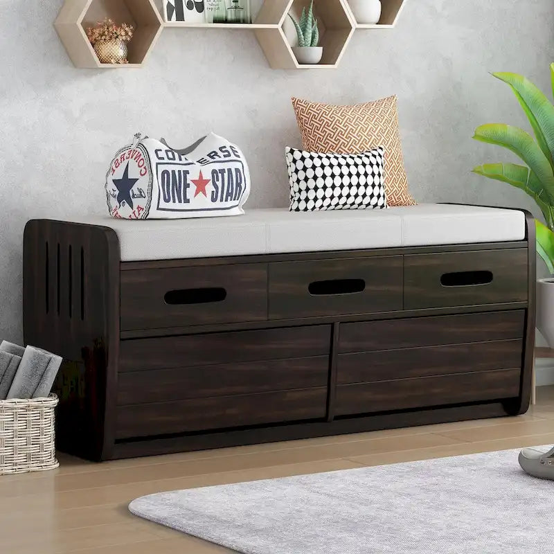 Banc à chaussures de rangement rustique avec 2 tiroirs, rangement dissimulé et 3 faux tiroirs supérieurs