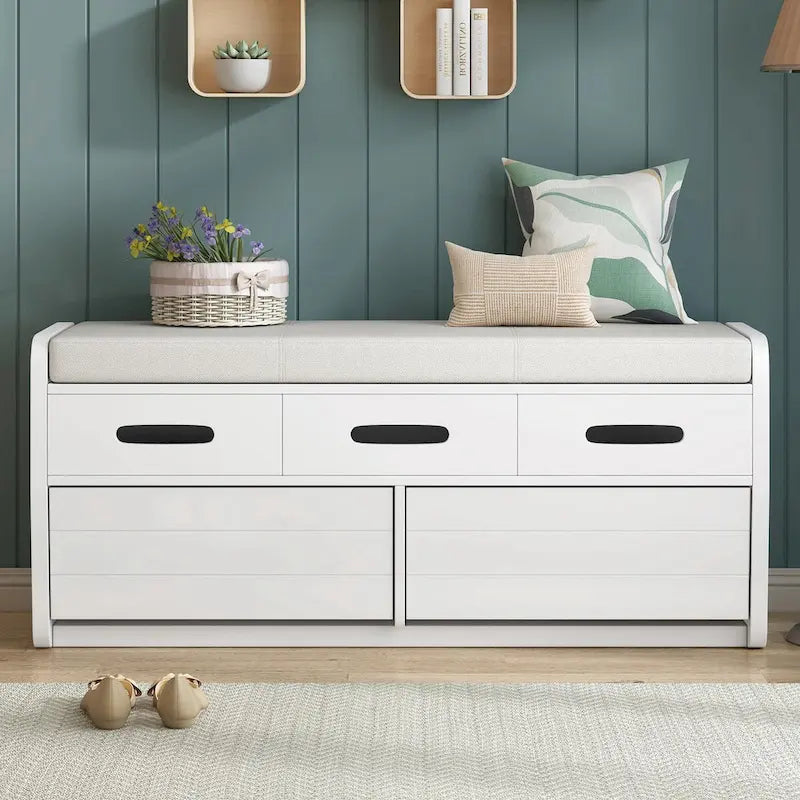 Banc à chaussures de rangement rustique avec 2 tiroirs, rangement dissimulé et 3 faux tiroirs supérieurs