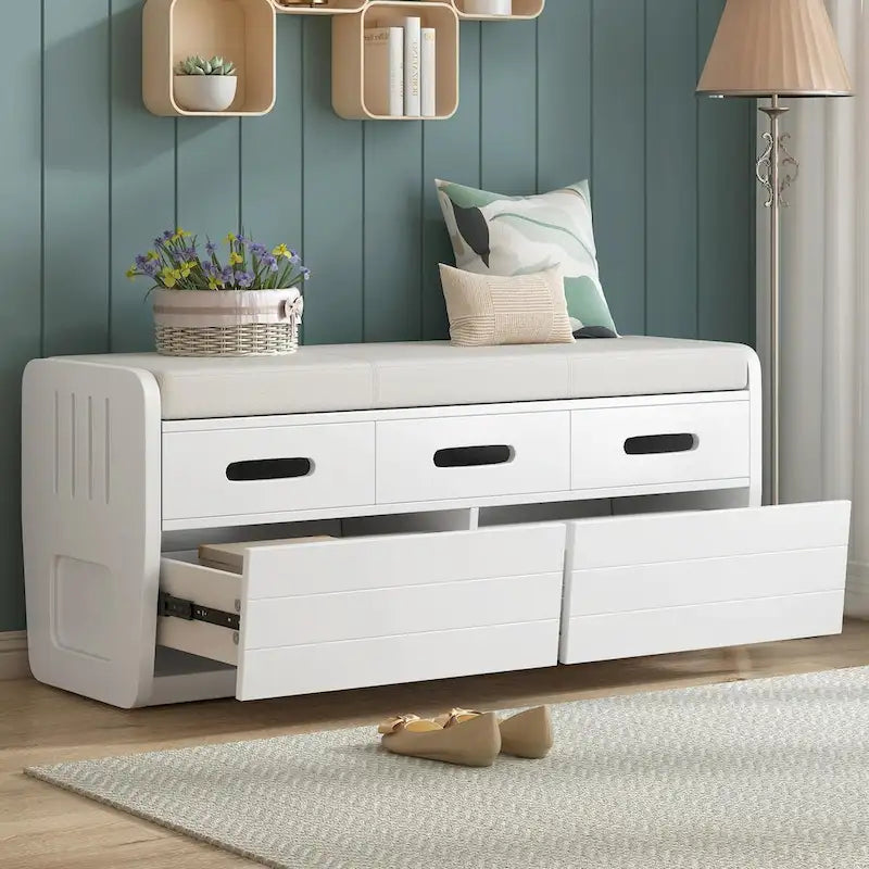 Banc à chaussures de rangement rustique avec 2 tiroirs, rangement dissimulé et 3 faux tiroirs supérieurs