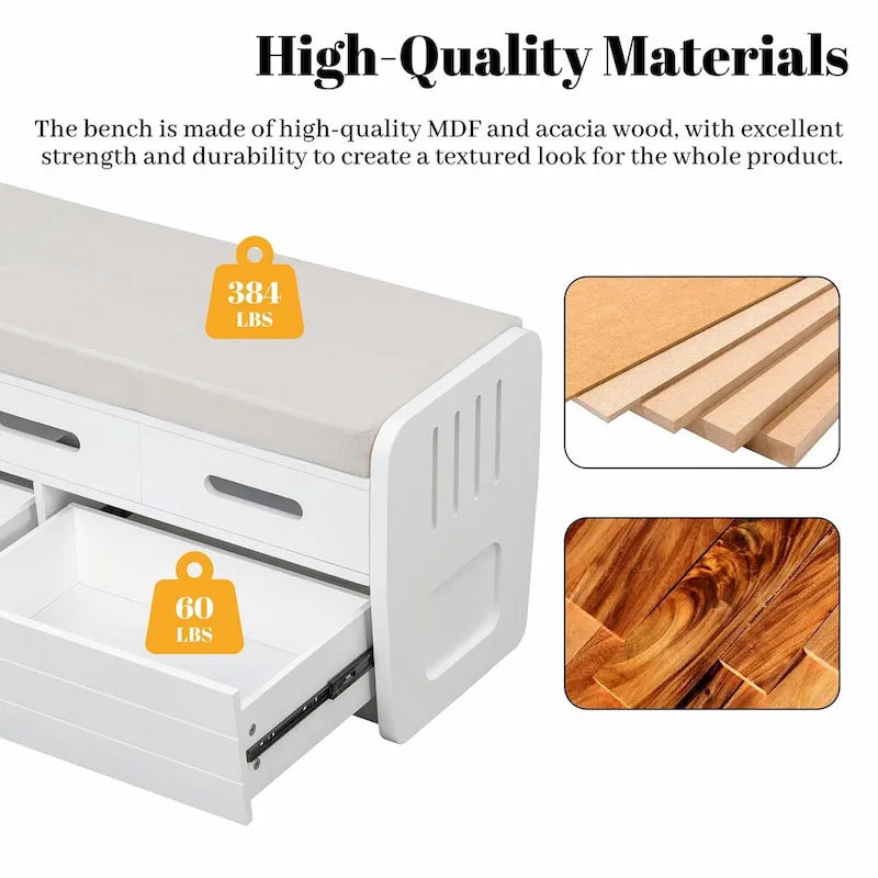 Banc à chaussures de rangement rustique avec 2 tiroirs, rangement dissimulé et 3 faux tiroirs supérieurs
