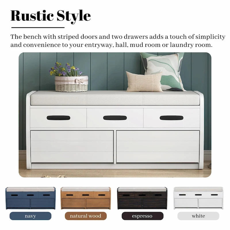 Banc à chaussures de rangement rustique avec 2 tiroirs, rangement dissimulé et 3 faux tiroirs supérieurs